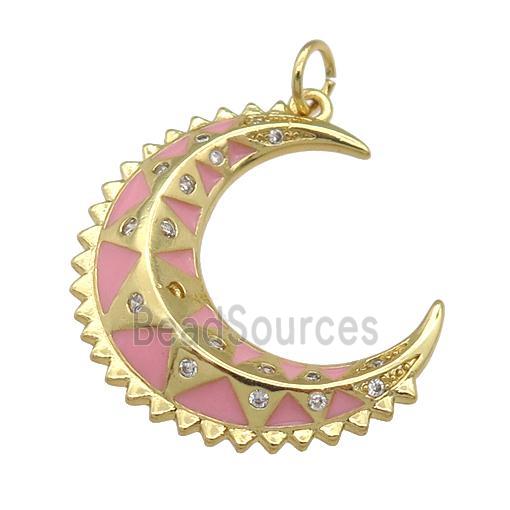 copper crescent Moon pendant with pink enamel, gold plated