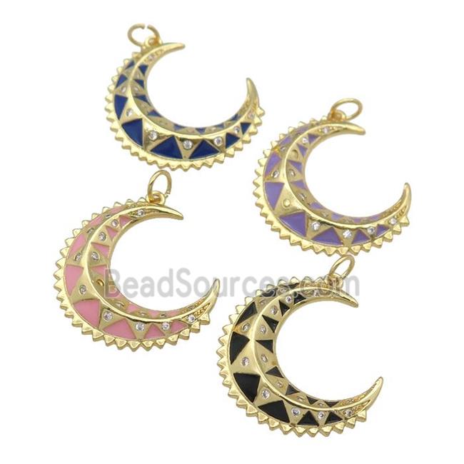 copper crescent Moon pendant with enamel, gold plated, mixed