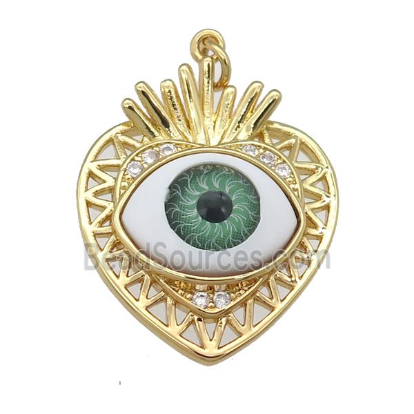 copper heart pendant paved zircon with green Evil Eye, gold plated