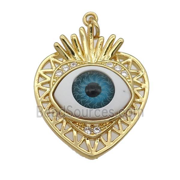 copper heart pendant paved zircon with blue Evil Eye, gold plated