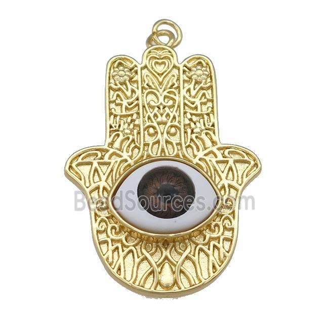 copper hamsahand pendant with red Evil Eye, gold plated