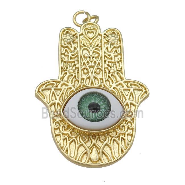 copper hamsahand pendant with green Evil Eye, gold plated