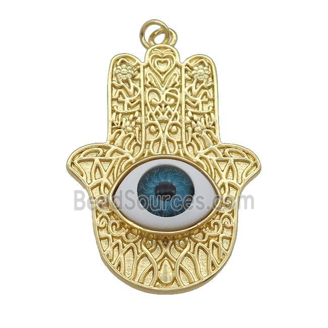 copper hamsahand pendant with blue Evil Eye, gold plated