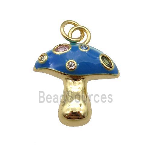 copper mushroom pendant paved zircon with blue enamel, gold plated