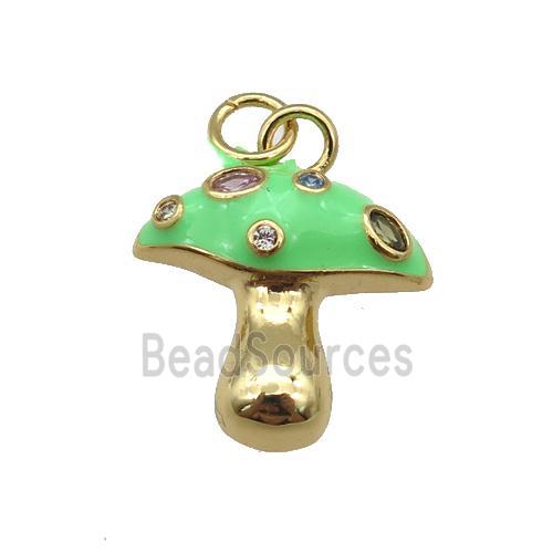 copper mushroom pendant paved zircon with green enamel, gold plated