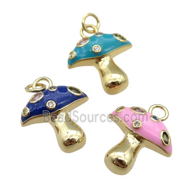 copper mushroom pendant paved zircon with enamel, gold plated, mixed