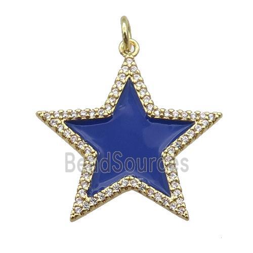 copper Star pendant paved zircon with blue enamel, gold plated