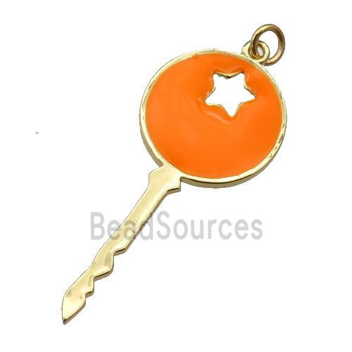 copper Key pendant with orange enamel, gold plated