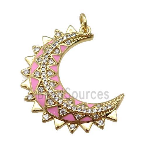 copper Moon pendant paved zircon with pink enamel, gold plated