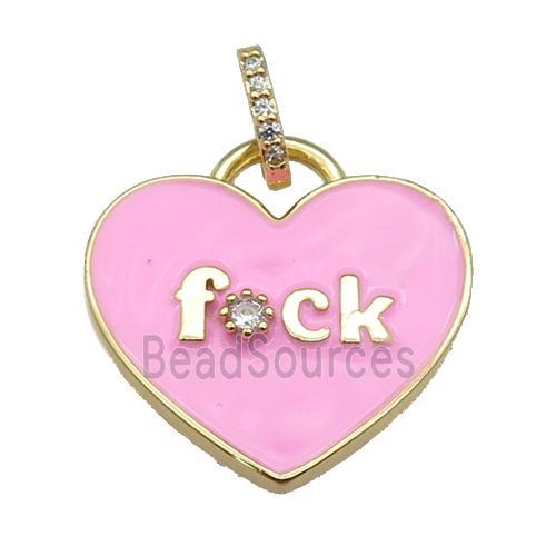 copper heart pendant paved zircon with pink enamel, gold plated