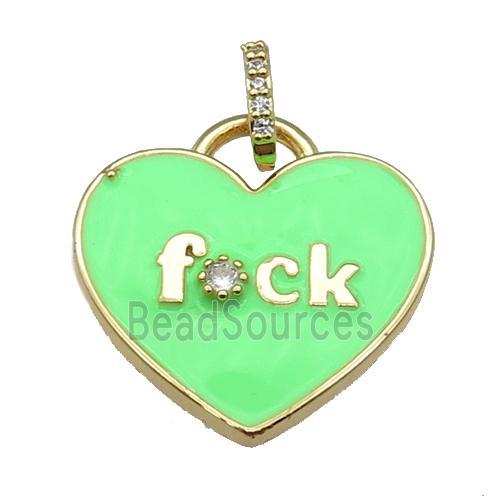 copper heart pendant paved zircon with green enamel, gold plated