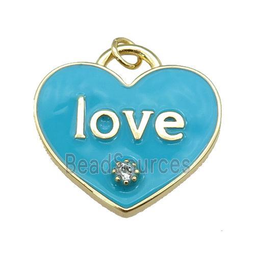 copper Heart pendant paved zircon with teal enamel, LOVE, gold plated