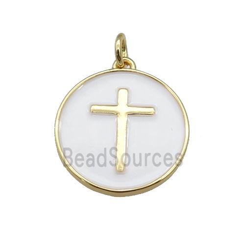 copper Circle pendant with white enamel, cross, gold plated