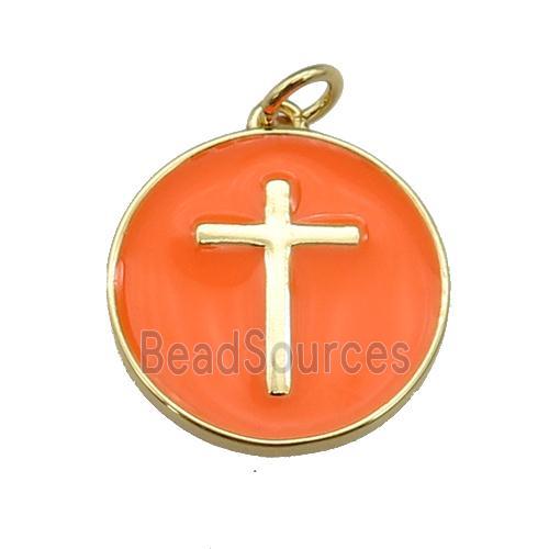 copper Circle pendant with orange enamel, cross, gold plated