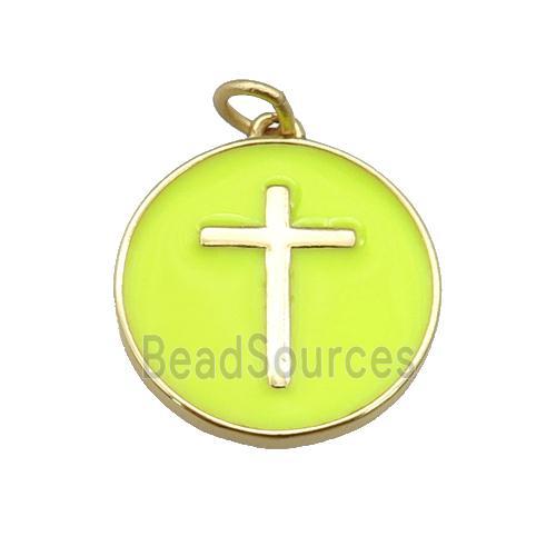 copper Circle pendant with yellow enamel, cross, gold plated