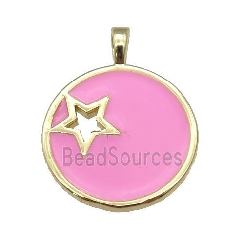 copper Circle pendant with pink enamel, star, gold plated