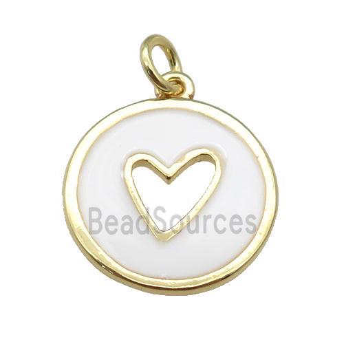 copper Circle pendant with white enamel, heart, gold plated