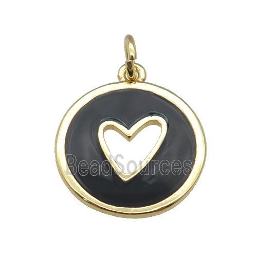 copper Circle pendant with black enamel, heart, gold plated