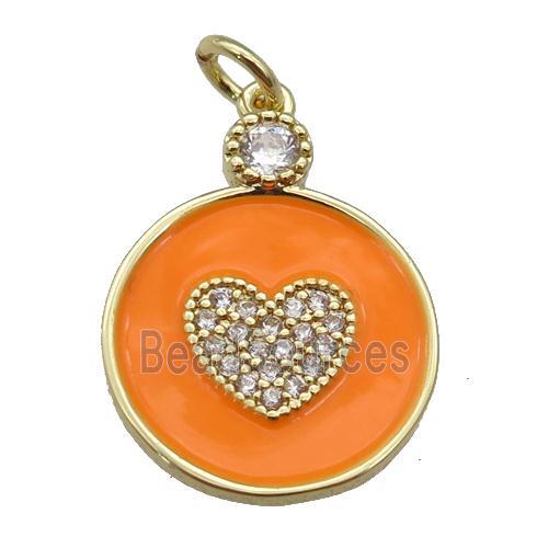 copper Circle pendant paved zircon with orange enamel, heart, gold plated