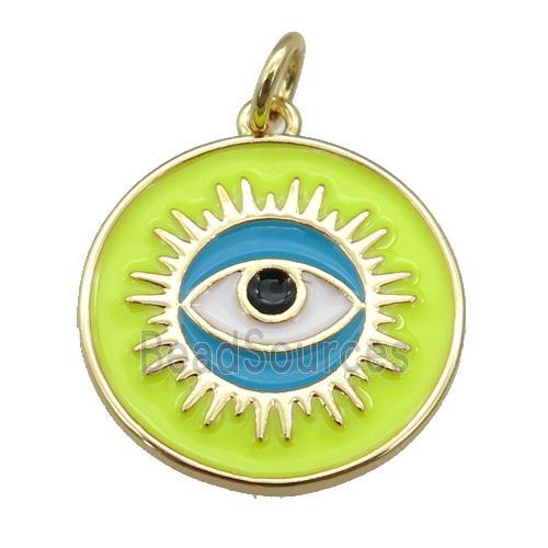 copper Circle pendant with yellow enamel, evil eye, gold plated