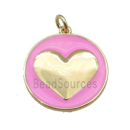 copper Circle pendant with pink enamel, heart, gold plated