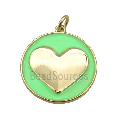 copper Circle pendant with green enamel, heart, gold plated