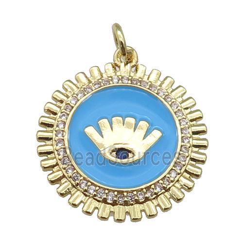 copper Circle pendant paved zircon with blue enamel, eye, gold plated