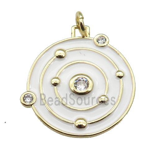 copper circle pendant with white enamel, planet, gold plated