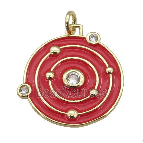 copper circle pendant with red enamel, planet, gold plated