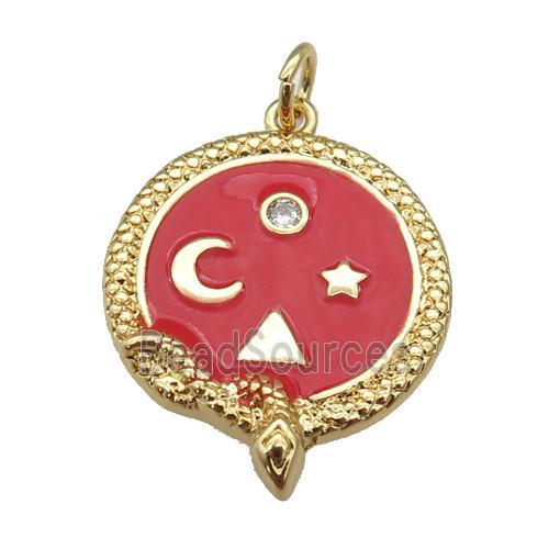 copper circle pendant with red enamel, planet, gold plated