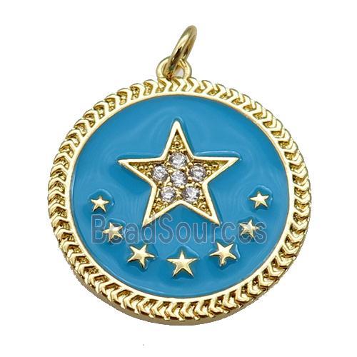 copper circle pendant with blue enamel, star, gold plated