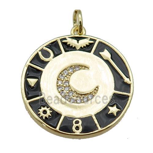 copper Circle Astrology pendant paved zircon with black enamel, moon, gold plated