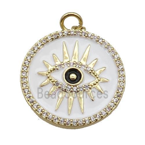 copper circle pendant paved zircon with white enamel, eye, gold plated