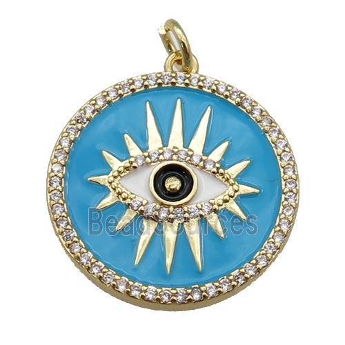 copper circle pendant paved zircon with blue enamel, eye, gold plated