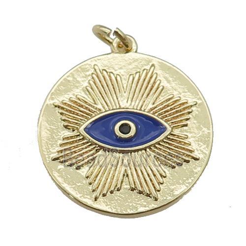 copper circle pendant with navyblue enamel eye, gold plated