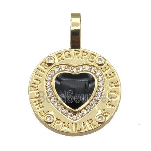 copper circle pendant paved zircon with black enamel heart, gold plated