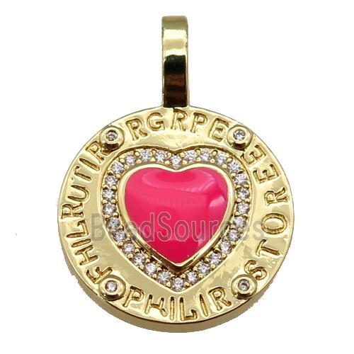 copper circle pendant paved zircon with red enamel heart, gold plated