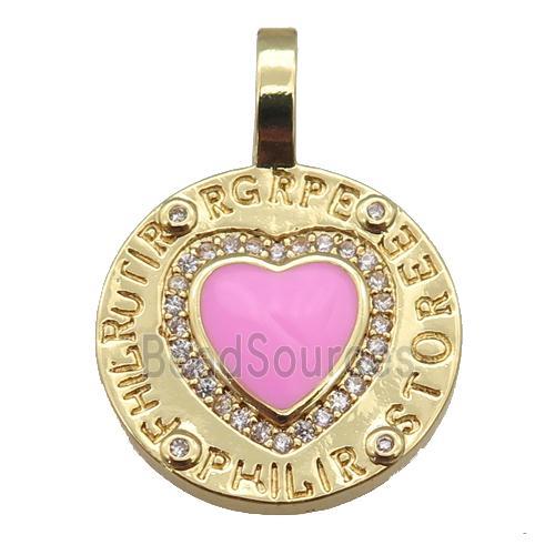 copper circle pendant paved zircon with pink enamel heart, gold plated