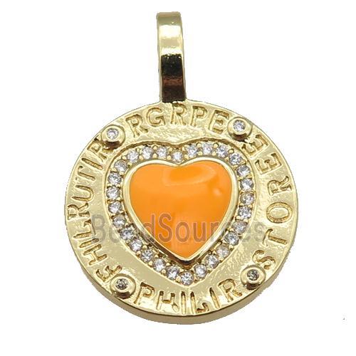 copper circle pendant paved zircon with orange enamel heart, gold plated