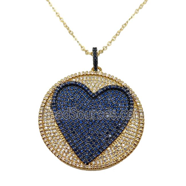 copper Necklace withe heart paved blue zircon, gold plated