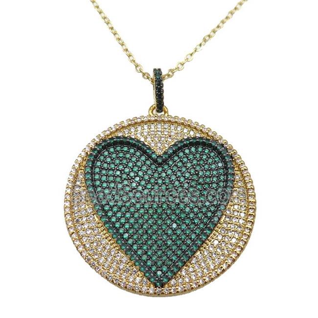 copper Necklace withe heart paved green zircon, gold plated