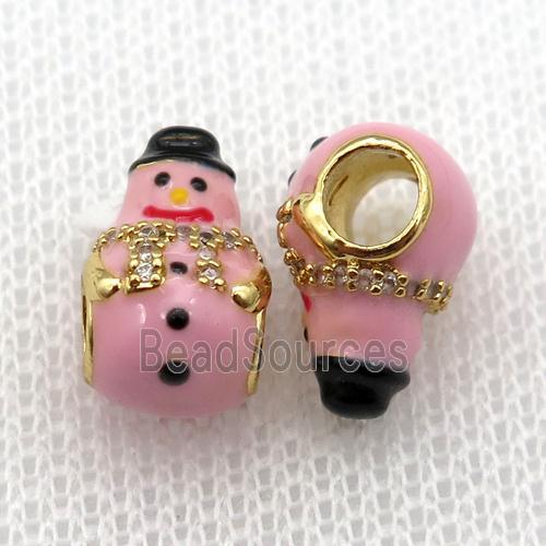 copper Christmas Snowman beads with pink enamel, large hole, gold plated