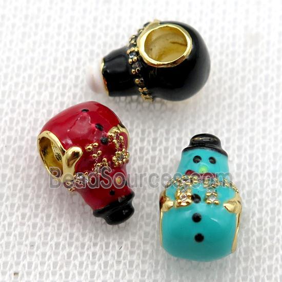 copper Christmas Snowman beads with enamel, large hole, gold plated, mixed