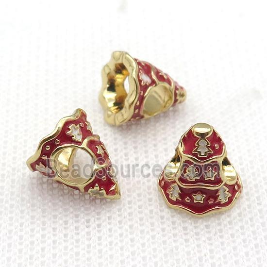 copper Christmas Tree beads with red enamel, large hole, gold plated