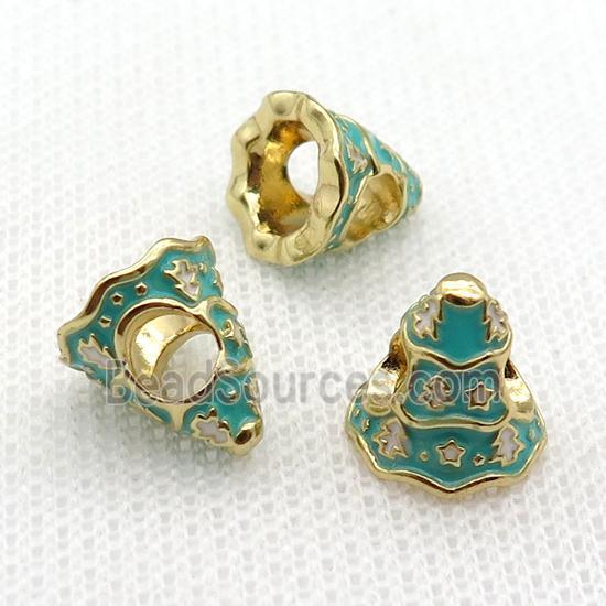 copper Christmas Tree beads with teal enamel, large hole, gold plated