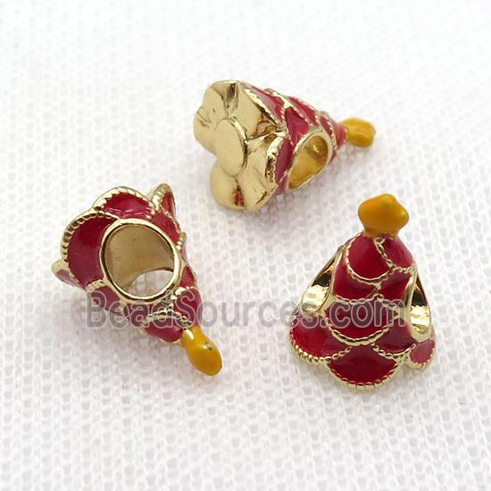 copper Christmas Tree beads with red enamel, large hole, gold plated