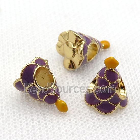 copper Christmas Tree beads with purple enamel, large hole, gold plated