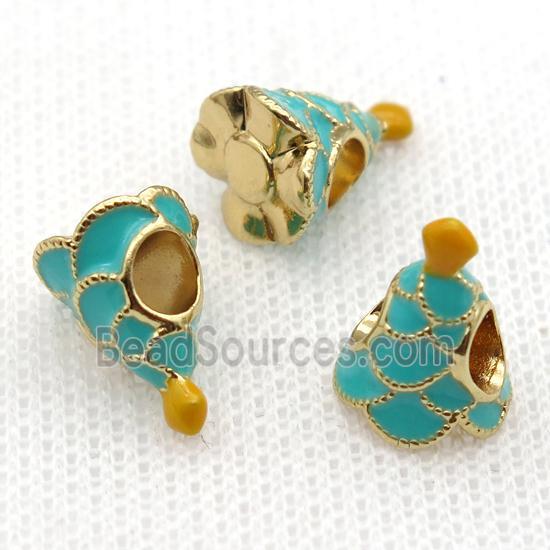 copper Christmas Tree beads with teal enamel, large hole, gold plated