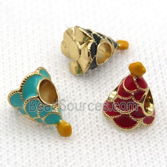 copper Christmas Tree beads with enamel, large hole, gold plated, mixed