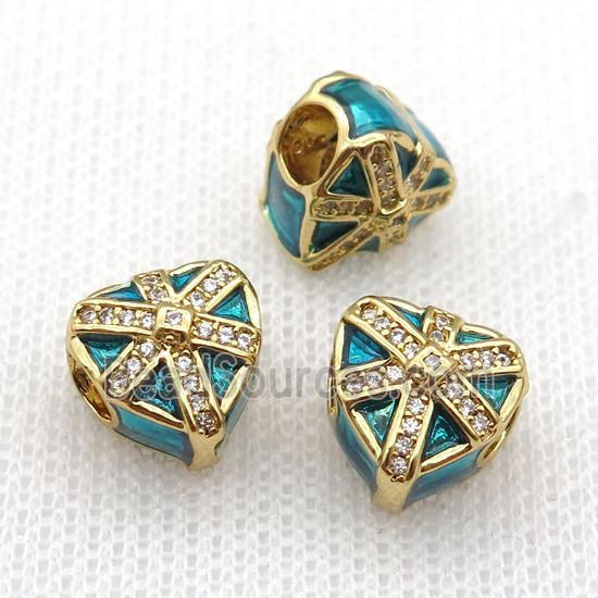 copper Christmas Heart Gift beads with teal enamel, large hole, gold plated